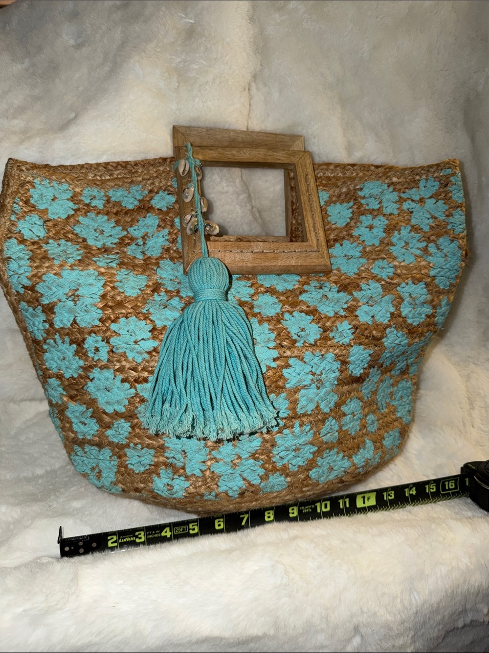 Woven Straw Tote with Aqua Floral Embroidery and Tassel
